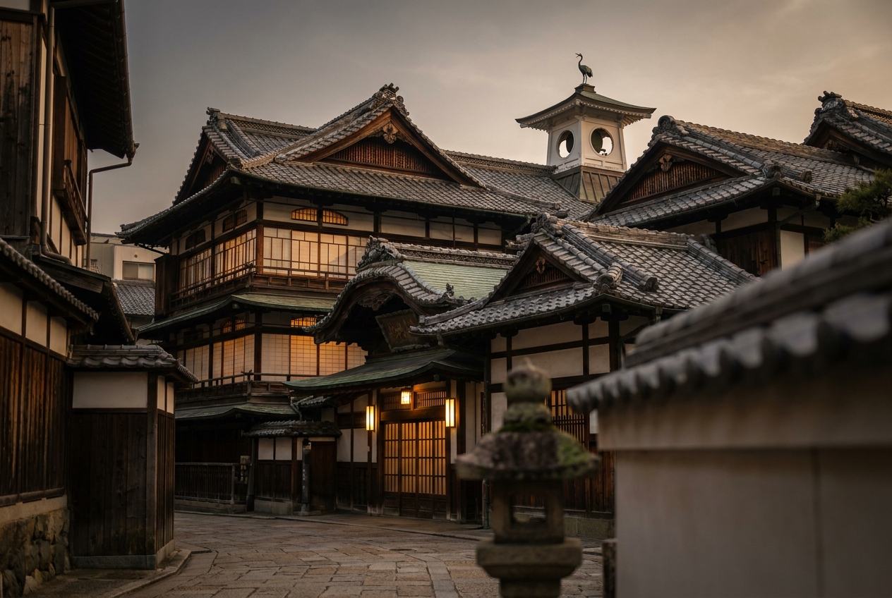 夕暮れの道後温泉本館、三層の木造湯屋