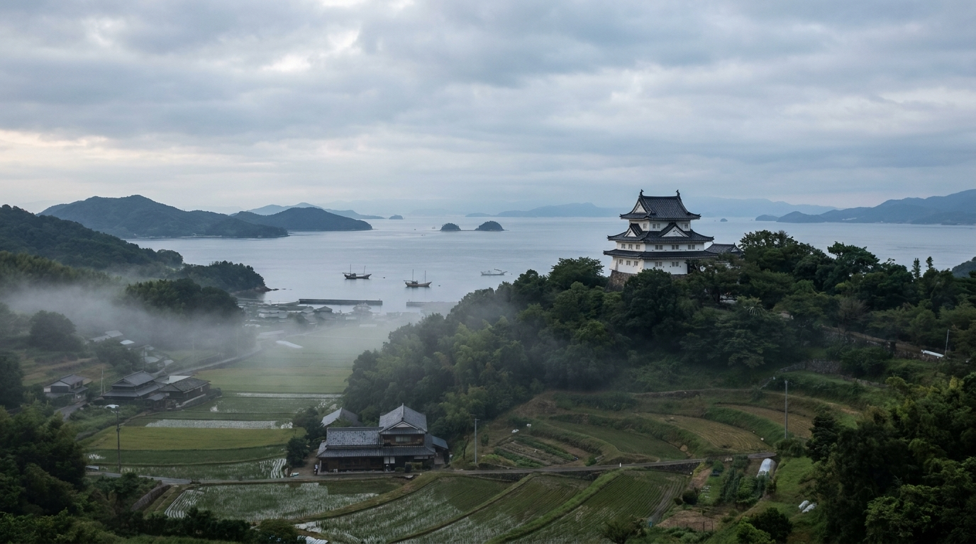 因島水軍城：丘上の白壁・黒瓦の天守と眼下の島影