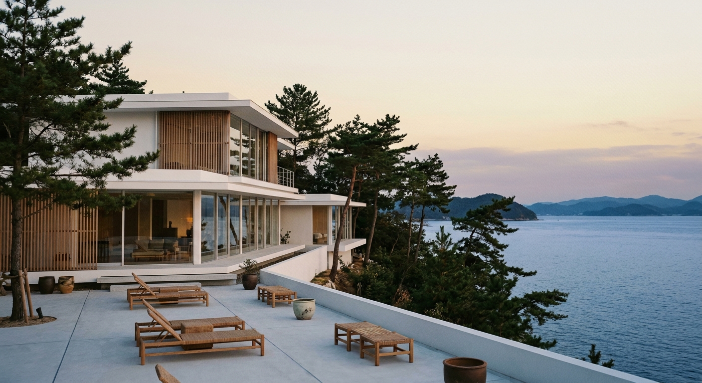 Inland Sea Resort FESPA：弓削島の海辺に佇む白い建築、瀬戸内の海を望むテラス