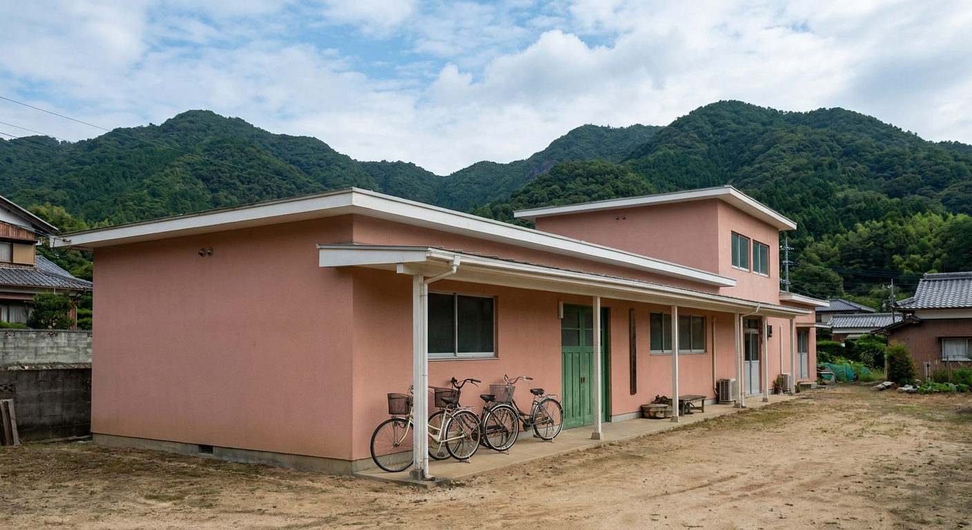 I-LINK HOSTEL & CAFÉ SHIMANAMI のサーモンピンクの平屋外観