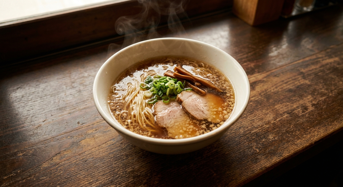 尾道ラーメンの丼、醤油色のスープに豚背脂が浮く
