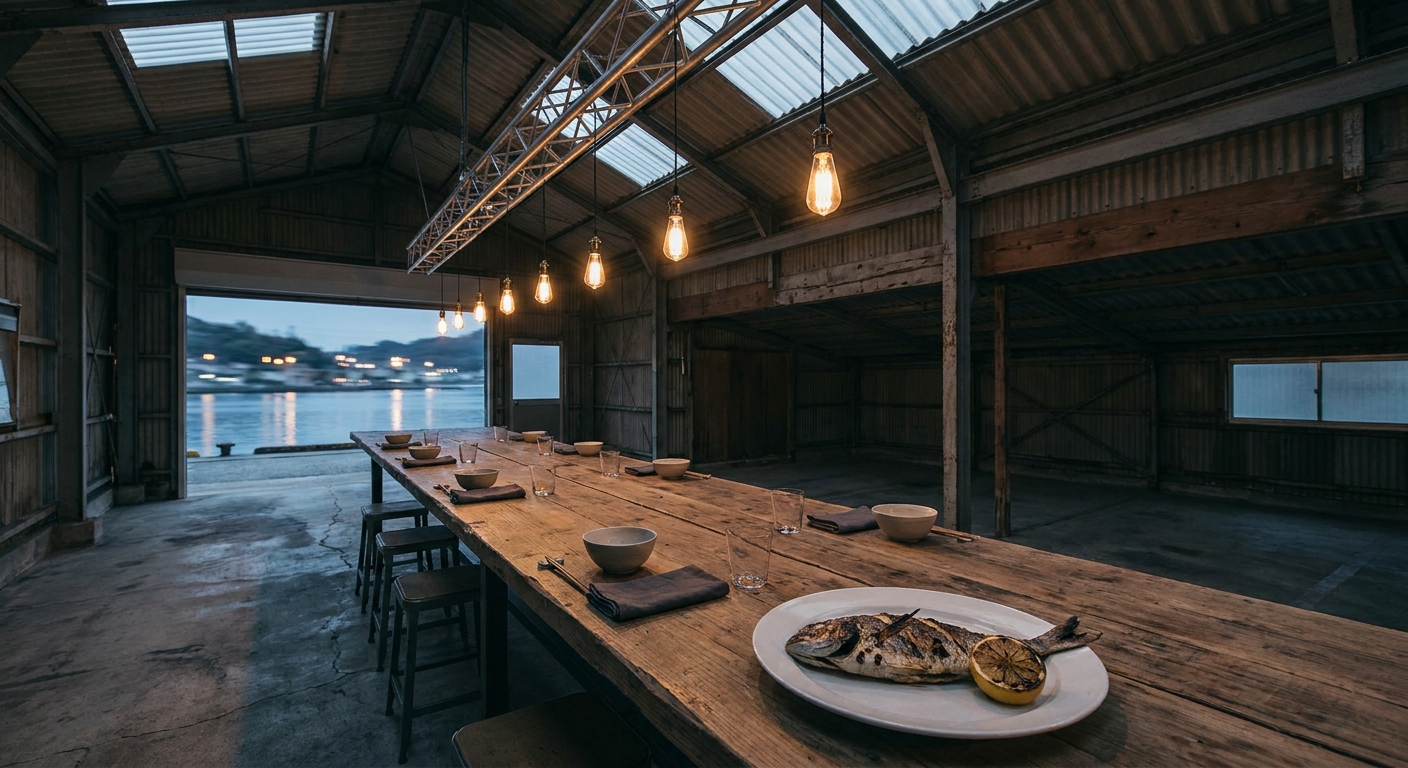 The Restaurant at ONOMICHI U2 の倉庫リノベと長テーブル