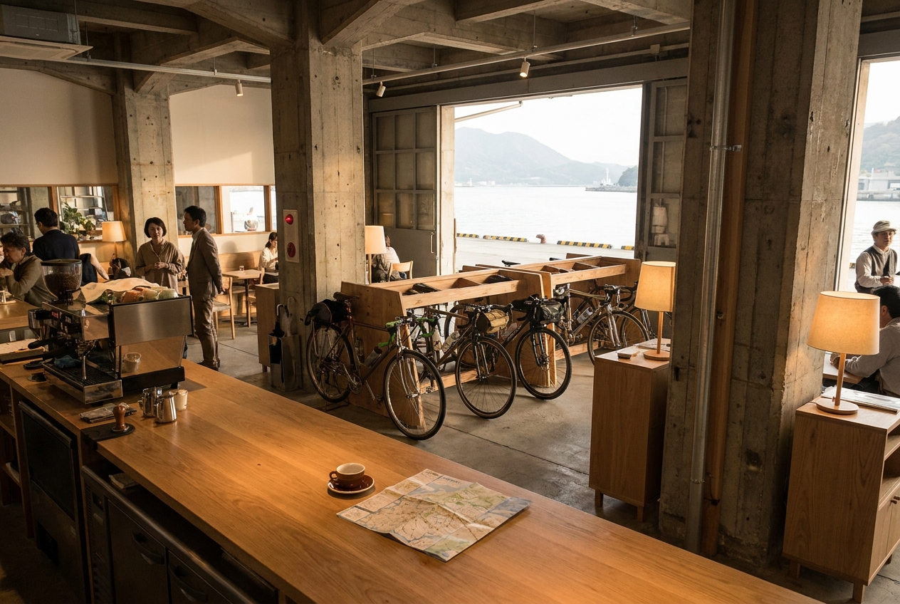 ONOMICHI U2 の内部、倉庫リノベの自転車ラックとカフェカウンター