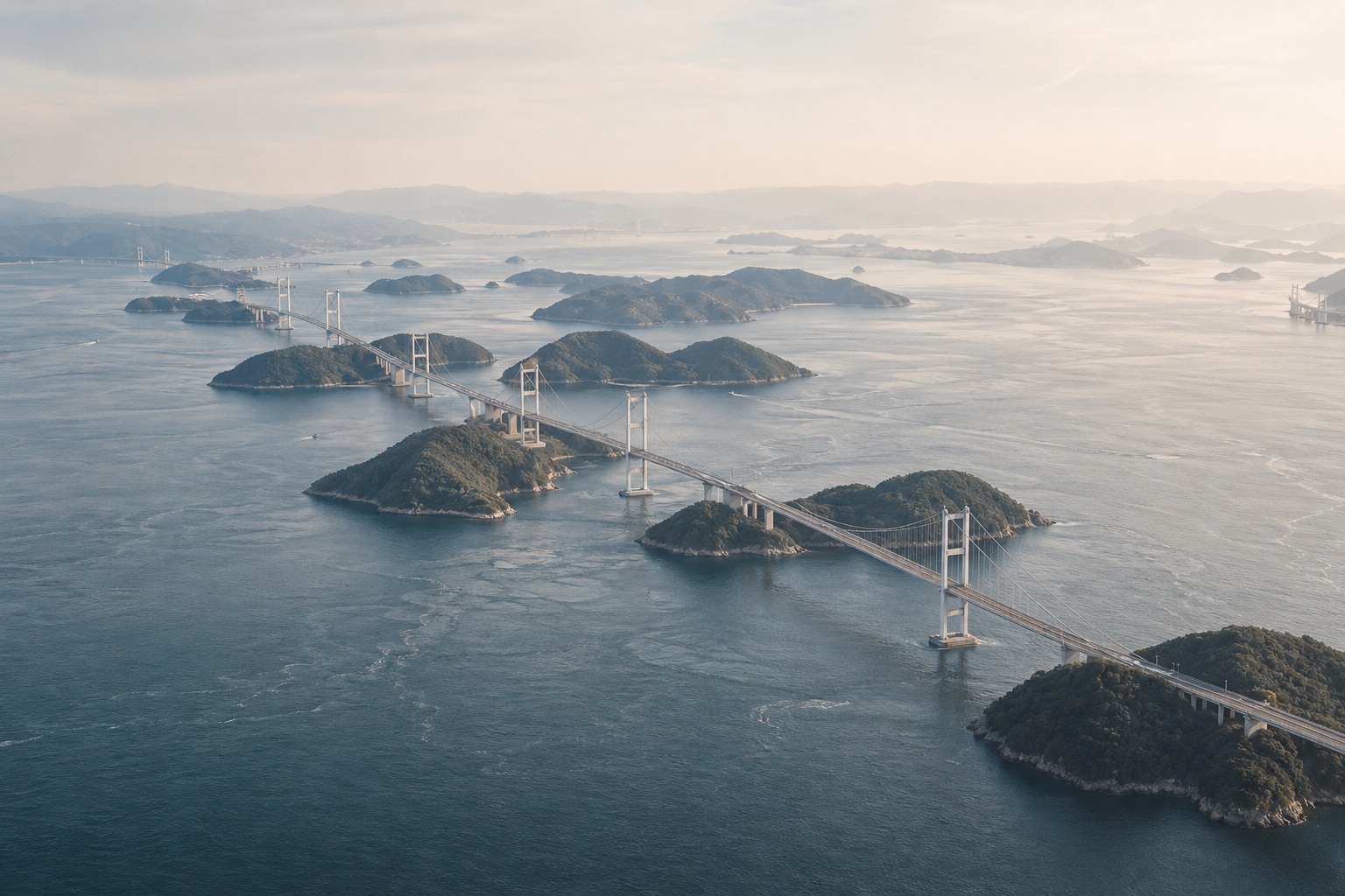 しまなみ海道の島々を俯瞰する航空写真